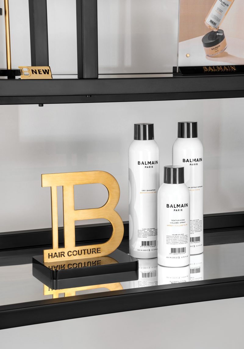 BalmainHair Interior Display with Golden Balmain B logo element 01